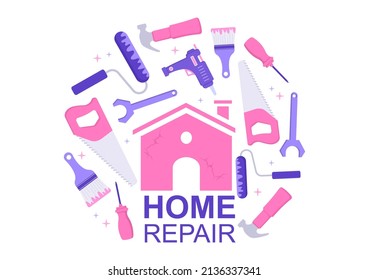 Renovación o reparación del hogar con herramientas de construcción, baldosas de suelo radiante y pared de pintura a buen estado de decoración en iluminación de fondo plana