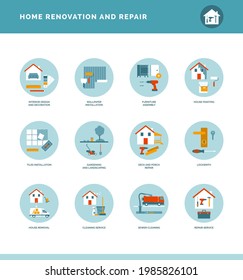 Home renovation and repair icons set with tools, DIY and professional services