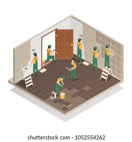 Home renovation repair isometric composition with professional workers team tiling floor and walls in room vector illustration 