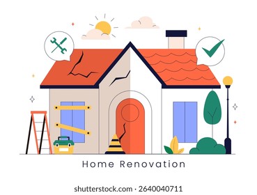 Home Renovation or Repair Service Vector Illustration Featuring a Team of Cleaners and Repair Workers Building, Painting, and Maintaining a House