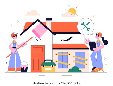 Home Renovation or Repair Service Vector Illustration Featuring a Team of Cleaners and Repair Workers Building, Painting, and Maintaining a House