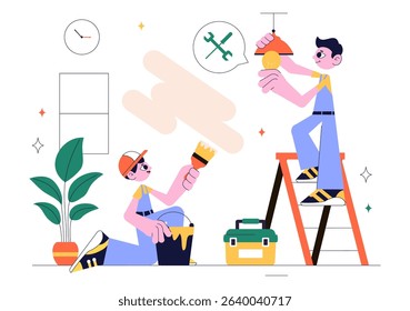 Home Renovation or Repair Service Vector Illustration Featuring a Team of Cleaners and Repair Workers Building, Painting, and Maintaining a House