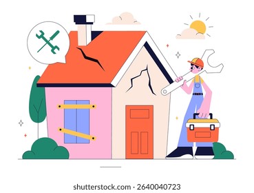 Home Renovation or Repair Service Vector Illustration Featuring a Team of Cleaners and Repair Workers Building, Painting, and Maintaining a House