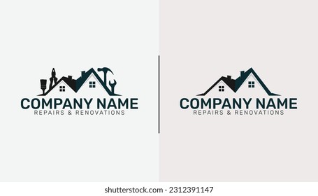 home renovation, roofing and repair logo with handyman tools and house roof, real estate and property vector