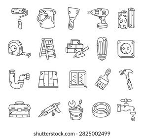 Home renovation set featuring roller paint bucket spatula drill wallpaper ladder brick lamp socket siphon laminate window brush hammer faucet