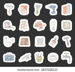 Home renovation set featuring roller paint bucket spatula drill wallpaper ladder brick lamp socket siphon laminate window brush hammer faucet