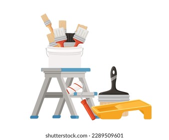 Renovación del hogar con rodillo de pintura de la escalera de acero e ilustración de vector de mate de acrilo aislado en fondo blanco