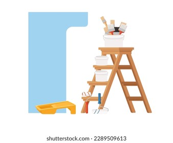 Renovación del hogar con rodillo de pintura de la escalera de acero e ilustración de vector de mate de acrilo aislado en fondo blanco