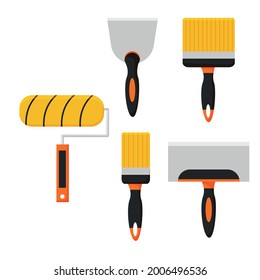 Kit de herramientas de renovación doméstica. Pinceles y espátulas para pintar paredes en casa. Ilustración vectorial en forma plana, de dibujos animados.