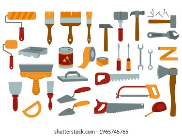 Home Renovation Tool Kit. Vector Illustration Of A Set Of Construction Tools And Elements For Construction In Bright Colors On A White Background In A Flat Cartoon Style