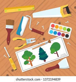 Home renovation, top view of items lying on the floor. Modern flat style vector illustration.