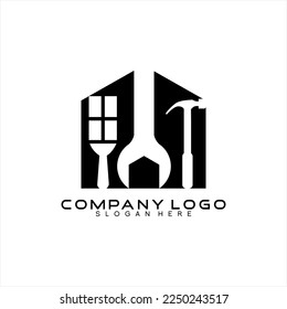 Home renovation vector logo design with house, brush and hammer concept.