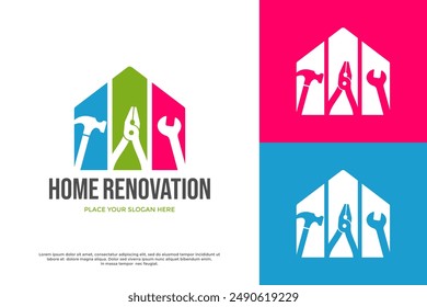 Home renovation vector logo template. This design use home with tools of construction. Suitable for home service and repair.