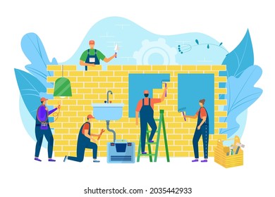 Home Renovation, Worker Near Wall Construction, Vector Illustration. Man Woman People Character Painting Building, Do Plumbing And Electrical Work.