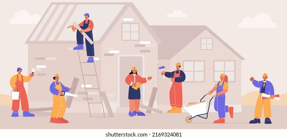 Home Renovation Workers Crew Building Or Repair House. Repairman Team Finishing Facade, Builders Apartment Improvement Or Restoration Works, Professional Service Line Art Flat Vector Illustration