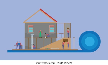 Home renovation workers doing house repair professional decorating service 2d vector illustration concept for banner, website, illustration, landing page, flyer, etc