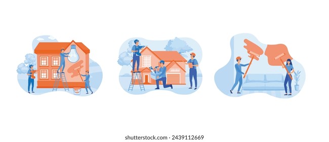 Home renovation workers. Group of constructors, roofers, foremen, house. Home renovation and repair concept. Set flat vector modern illustration