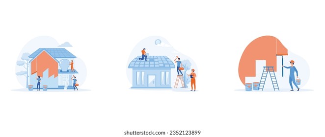 Home renovation workers. Repairman team building house, Workers repairing roof. painting wall. set flat vector modern illustration 