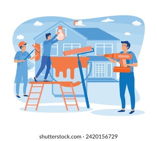 Home renovation workers. Repairman team building house. Painting, electric, finishing works, builders doing apartment repair.  flat vector modern illustration 