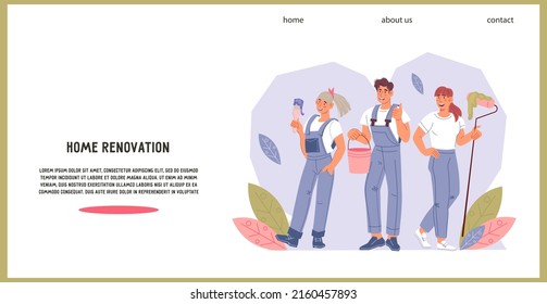 Home renovation works website banner template with painters workers characters, flat vector illustration. Home painting and renovation works advertisement for web and print.