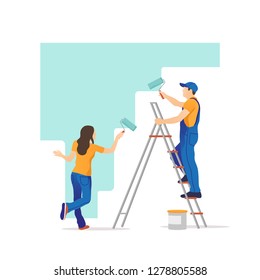 Home renovation. Young couple painting the wall in new apartment. Vector illustration.