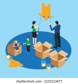 Home renovation - Young parents painting new room isometric 3d vector illustration concept for banner, website, illustration, landing page, flyer, etc.