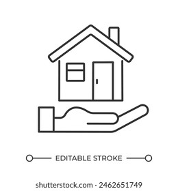 Home rent linear icon. Homeowner. Property purchase. Real estate agency service. House insurance. Property safety. Thin line illustration. Contour symbol. Vector outline drawing. Editable stroke