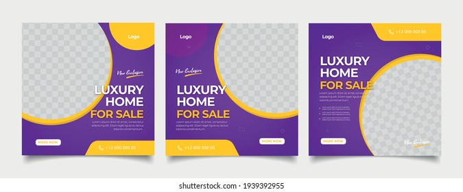 Home rent and sale social media advertising posts digital marketing vector sets. Unique geometric modern square template social media layouts poster  promo social media banners design.
