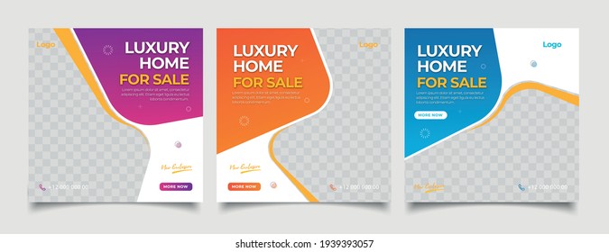 Home rent and sale social media advertising posts digital marketing vector sets. Unique geometric modern square template social media layouts poster and promo social media banners design.