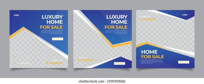 Home rent and sale social media advertising posts digital marketing vector sets. Unique geometric modern square template social media layouts poster and promo social media banners design.