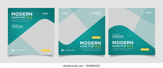 Home rent and sale social media advertising posts digital marketing vector sets. Unique geometric modern square template social media layouts poster and promo social media banners design.