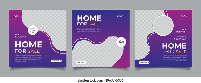 Home rent and sale social media advertising posts digital marketing vector sets. Unique geometric modern square template social media layouts poster and promo social media banners design.