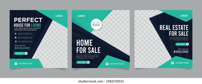 Home rent and sale social media advertising posts digital marketing vector sets. Unique geometric modern square template social media layouts poster and promo social media banners design.