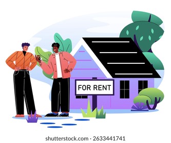 Home for rent. Two men near home with sign rent. Realtor communicate with client. Deals with real estate and private property. Guy renting apartment. Flat vector illustration