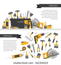 Home repair banner. Construction tools. Hand tools for home renovation and construction. Flat style, vector illustration.