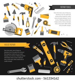 Home repair banner. Construction tools. Hand tools for home renovation and construction. Flat style, vector illustration.