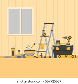 Home repair banner. Hand tools for home renovation and construction. Flat style, vector illustration.