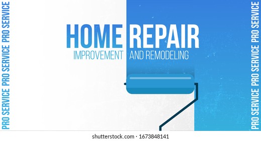 Home Repair Banner. Painting a wall with paint roller