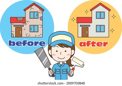 Home repair before and after and female workers