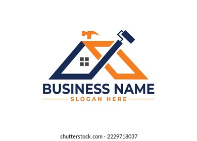 home repair with brush and hammer blue and yellow color, roofing, remodeling, handyman, home renovation, decor logo