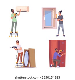 Home repair. Builders making house renovation workers fixing and installing new furniture exact vector cartoon people