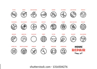 Home repair and building icons set in thin line style. For packaging, label and web design. Isolated on white background