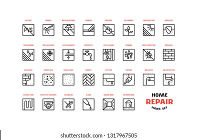 Home repair and building icons set in thin line style. For packaging, label and web design. Isolated on white background