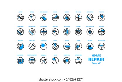 Home repair and building icons set in thin line style with displacement color plate. For packaging, label and web design. Isolated on white background