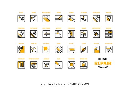 Home repair and building icons set in thin line style with displacement color plate. For packaging, label and web design. Isolated on white background