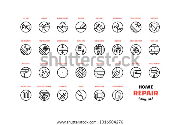 Home\
repair and building icons set in thin line style. For packaging,\
label and web design. Isolated on white\
background