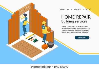 Home repair or building service isometric, a handyman is lay bricks the other installing the door frame, isometric vector illustration concept for website, flyer, banner, home page, landing page, etc