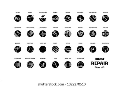 Home repair and building set of round icons. For packaging, label and web design. Isolated on white background