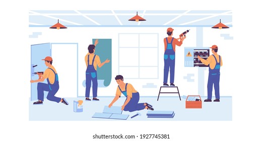 Home repair. Cartoon service workers make renovation. Professional builders brigade gluing wallpaper or laying floor tiles. Electrician working with wires of electrical system. Vector foreman job svg