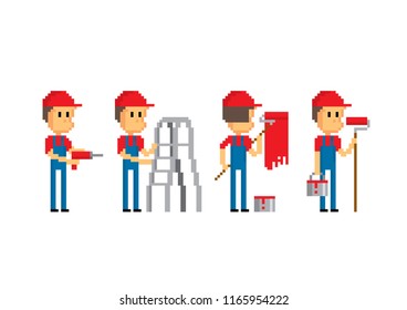 Home repair characters set. Old school computer graphic style. Decorative element design for logo, sticker, web, mobile app. Game assets 8-bit sprite. Flat illustration